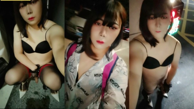 Chinese crossdresser ejaculates in front of public outdoor security room