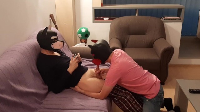 Teen pup gives blowjob to his friend while playing video games (gamehead)
