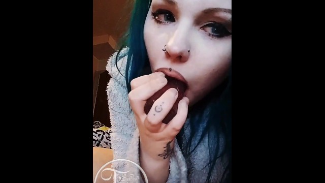 Cry on it! Submissive sucking her dildo and tearing up