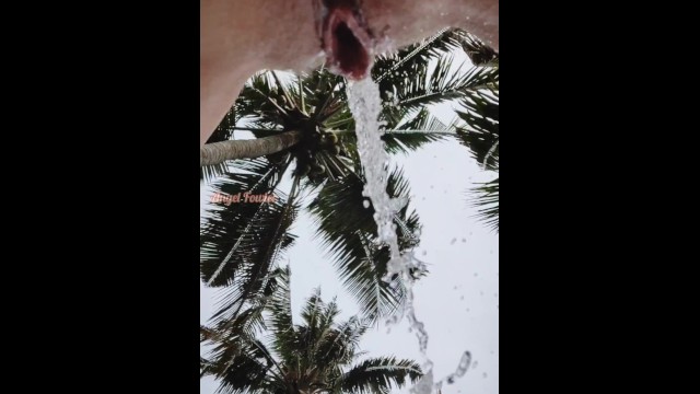Risky public pissing and farting on a tropical island by cute pussy