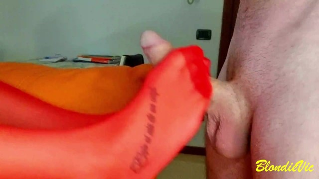 Red sock big cock cum on feet