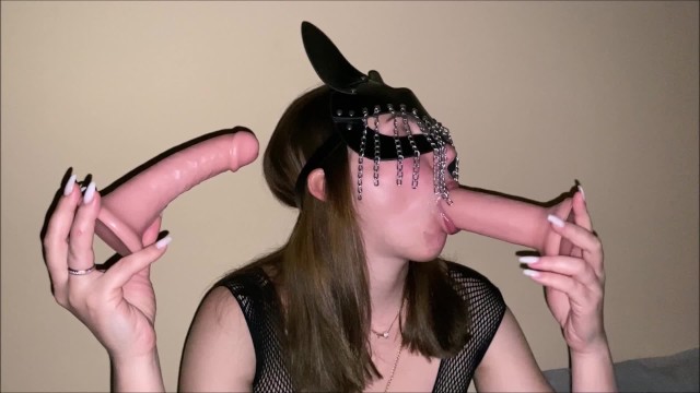 Horny Slut Trains her Mouth with Two Dildos - Cum Slut Training
