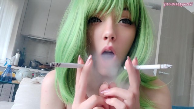 Cute Green Hair Egirl smoking 2 cigarettes at the same time (full vid on my 0nlyfans/ManyVids)